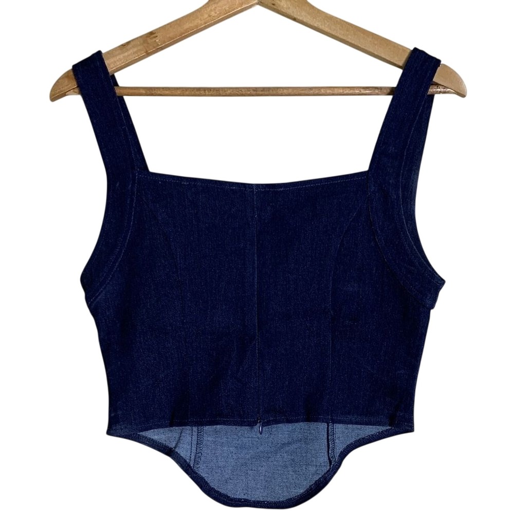 Motel Corset Crop Top Womens XS Blue Denim Eyelet Lace Trim Urban Outfitters - Picture 5 of 7